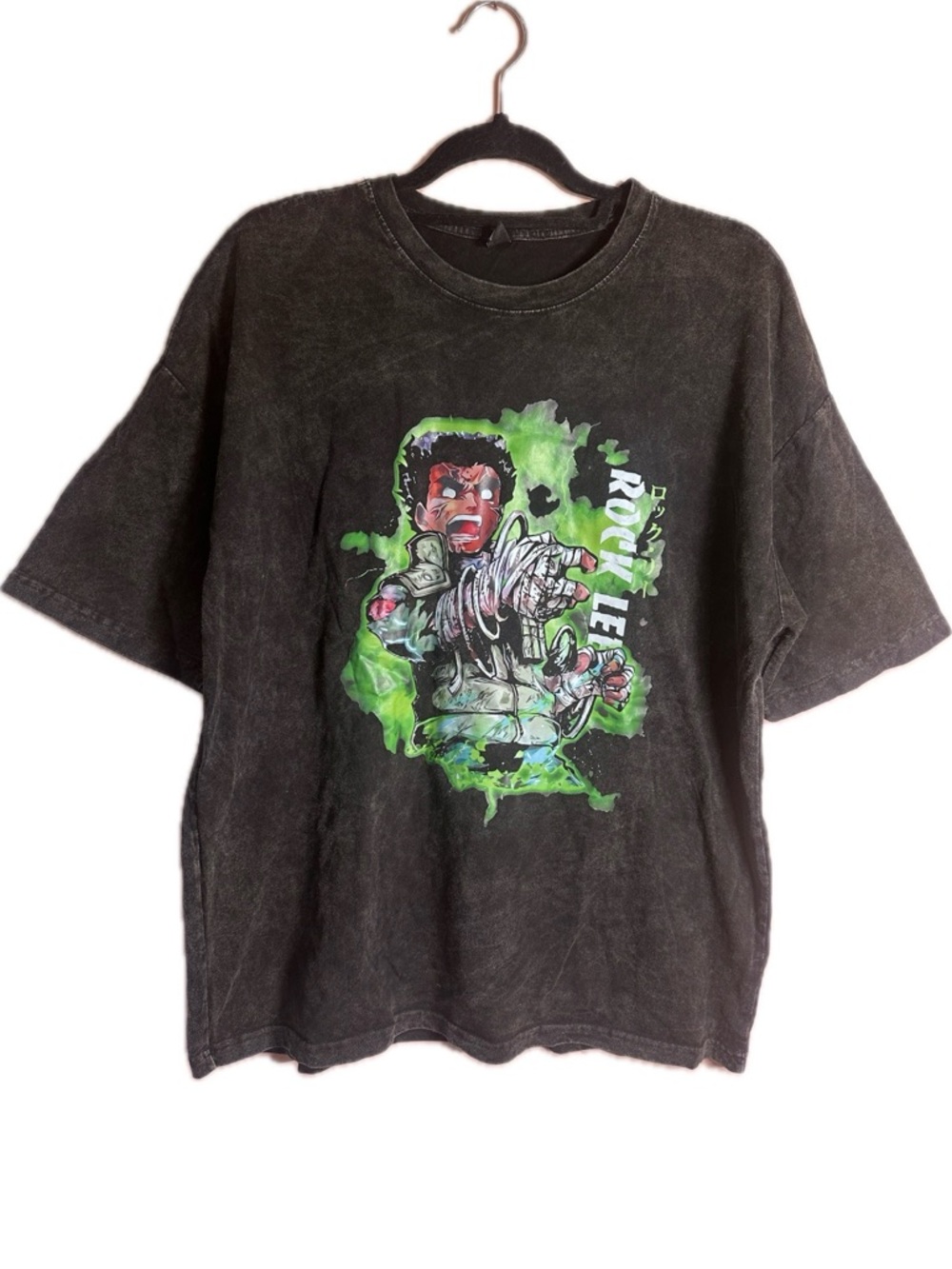 Men’s Naruto Rock Lee Eight Gates Black Graphic Anime Tee Neon Green Print